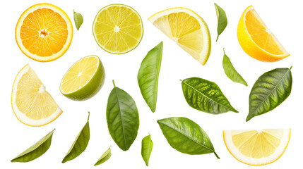 Wall Mural - Lemon slices and leaves isolated on white background
