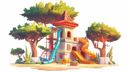 Wall Mural - Isolated on a white background, kids' playground in a park, kindergarten or school. Toys, slides, spiral tube slide, ball pool on white background. Illustration modern cartoon.