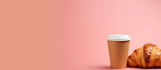 Sticker - Copy space image of coffee and croissants on a pink background served in a paper cup