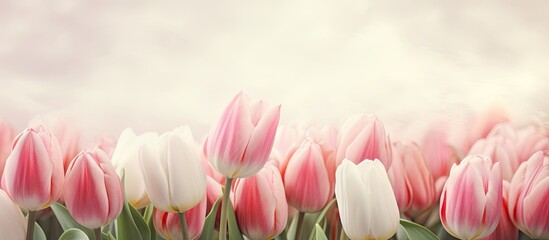 Wall Mural - Vintage style processing adds a textured effect to a copy space image of pink and white tulip flowers