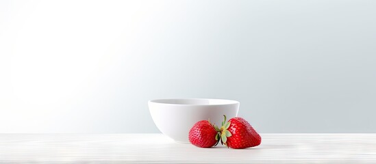 Wall Mural - A fresh strawberry is seen in a white bowl against a white table backdrop providing ample space for other elements in the image