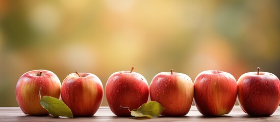 A shallow depth of field captures a vibrant scene of organic apples arranged on a table creating a visually appealing copy space image