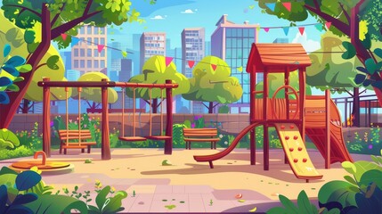 Wall Mural - An urban playground for children with wooden swings, carousels, slides, sandboxes, colorful ladders. Modern illustration.