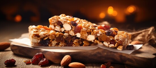 Granola and cereal bars a healthy breakfast and weight loss solution Energy bars with copy space image for text on the side