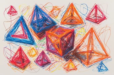 Colorful scribbles tetrahedrons in chaotic wax crayon drawing style