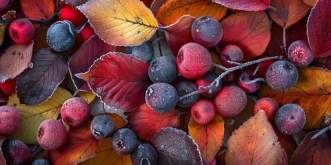 Frosty autumn berries amidst colorful leaves