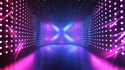 Poster - Stage and LCD wall screen background with glass panel. Light panel concave monitor digital texture with dot pattern. Modern illustration of curved cinema glittering diode pixel technology.