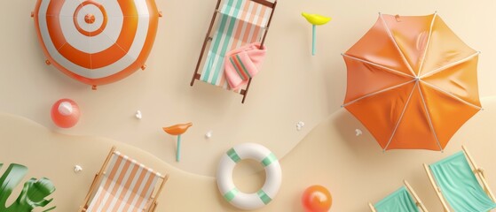 Wall Mural - Summer vacation flat lay with beach towel, umbrella, chair, and inflatable ring on cream color background. 3D rendering.