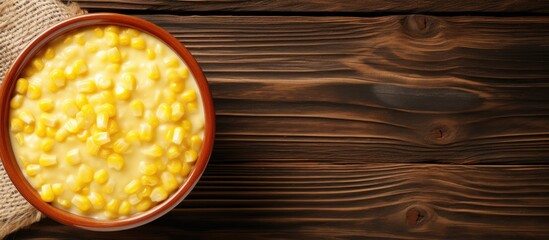 Sticker - Top view of a homemade slow cooker creamed corn in a bowl The image is captured from above in a flat lay style leaving copy space