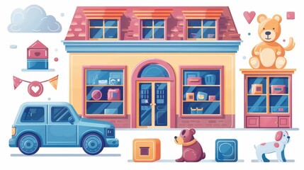 Wall Mural - This toy store kid gift illustration is a cute modern illustration of a child's gift. There is a clipart collection of car, teddy, cube, puppy and kid gifts on a white background. Toyshop element for