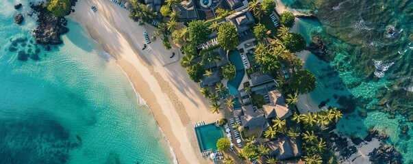 Sticker - Aerial drone view of 5 star resort Shangri - La Le Touessrok with sandy beach, white villas and pool, Ilot Lievres, Flacq, Mauritius.