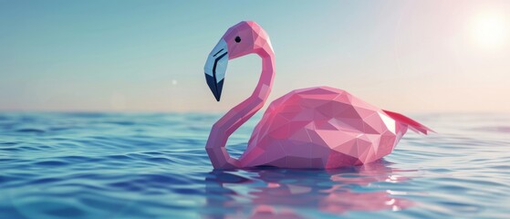 Wall Mural - The polygon flamingo floats on the water. Summer is a creative time. Minimal concept. 3D rendering.