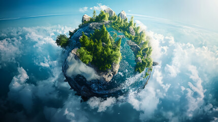 A detailed earth planet with trees, rocks and blue water on it, surrounded by clouds. Sustainable science concept composition