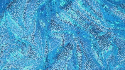 Wall Mural - Smooth Shiny Blue Fabric, Close up, Detailed Texture Textile. Clothing. Blue Wavy Material. Textile Industry. Tailoring of Cloth. Clothing Store.