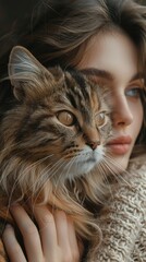 Poster - AI generated illustration of a woman snuggles with a fluffy cat in her lap