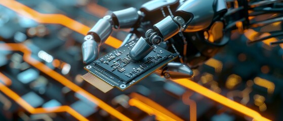 Poster - Animated concept depicting a high-tech robot arm holding a contemporary supercomputer. The CPU microchip digitizes and transmits data over power lines using computer vision.