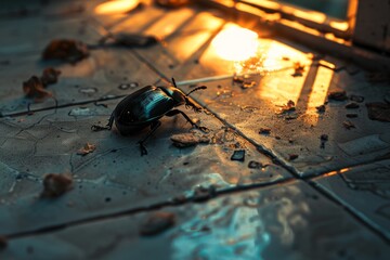 Fototapete - a macro shot of a gleaming beetle on a moist, tiled floor with reflections of light and debris aroun