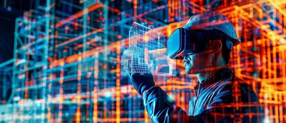 Poster - Digitalization of building construction. Architectural engineer uses virtual reality software to design and develop commercial houses. Future of real estate development.