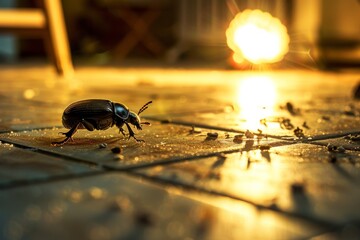 Fototapete - Close-up of a black beetle crawling on a wooden floor with warm sunlight and a sun flare in the background