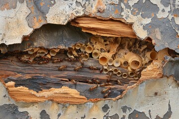 Poster - Macro shot exposes the intricate tunnels and nests created by termites in wooden structures, evidencing pest infestation
