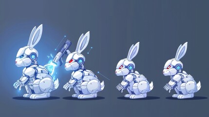 Poster - Set of cartoon rabbit robotic evolution levels. Modern illustration of futuristic cyborg bunny evolving from a small bunny to a sophisticated animal cyborg with paws, aggressive eyes, and laser