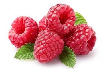 Poster - Juicy red raspberries and their green leaves are shown isolated on a pristine white background for clarity