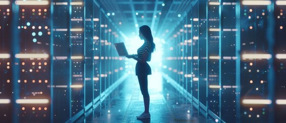 Poster - Female Chief Technology Officer with laptop stands in warehouse activating servers. Cloud Computing, SAAS, Web Service.