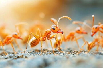 Poster - This vibrant close-up showcases the intricate details and colors of ants as they traverse across pebbled ground, illuminated by sunlight