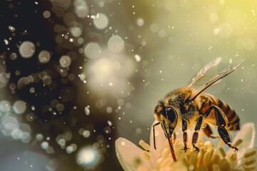 Poster - A macro shot of a honeybee with delicate wings, collecting nectar on a tiny white flower amidst soft bokeh lights