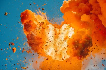 Poster - Dynamic image depicting a high-energy explosion with rich orange clouds and debris against a blue sky