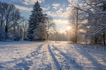 Aufkleber - An idyllic snowy park scene with gentle morning sunlight, highlighting the snow trails and empty benches