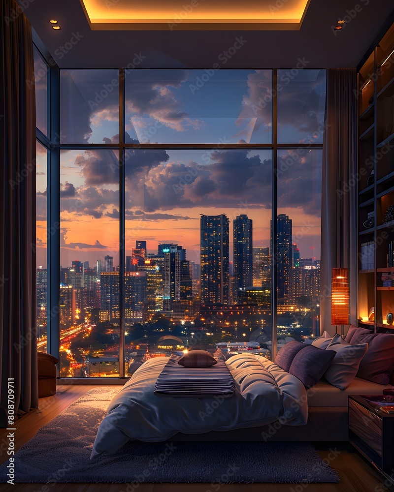 High-end luxury bedroom in a high-rise building Looks comfortable with ...