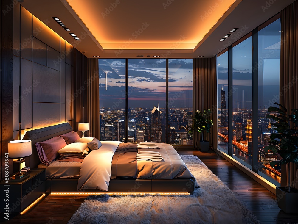 High-end luxury bedroom in a high-rise building Looks comfortable with ...