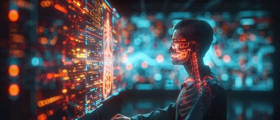 Poster - Trader investor analyst using laptop computer for cryptocurrency financial market analysis, trading data and index chart graphs.