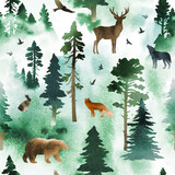 Fototapeta Dinusie - Watercolor vector seamless pattern with coniferous forest, animals and birds. Silhouette of trees, deer, hare, fox, wolf, bear. Nature design with for page fill, wrapping paper, web, textile print