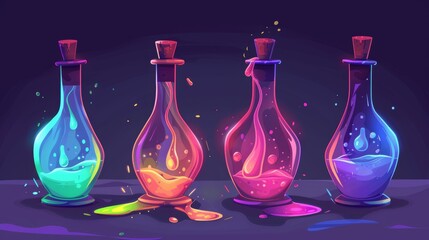 Wall Mural - A cartoon modern flask with puddle of spilt neon fantasy medicine or chemistry laboratory liquid spilled out of a fallen glass tube. Overturned bottles of witch or wizard glow magic elixir.