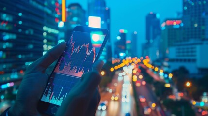 Fototapete - Businessman use smartphone in hand trading online stock exchange market charts graph board data investment economic on mobile screen Set index thai stock market : Bangkok, Thailand
