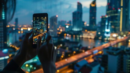 Fototapete - Businessman use smartphone in hand trading online stock exchange market charts graph board data investment economic on mobile screen Set index thai stock market : Bangkok, Thailand