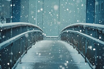 Sticker - AI generated illustration of a wooden bridge covered in snowflakes, surrounded by snow