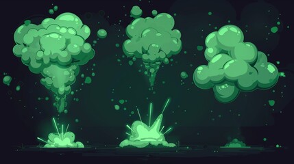 Poster - Animation sprite sheet of green explosions isolated on black background. Modern illustration shows light spot, blast boom effect, cloud of toxic smoke spreading and disappearing in the air, alien