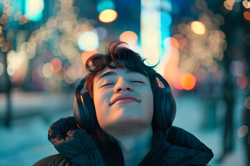 Poster - person listening to music on headphones in airplane