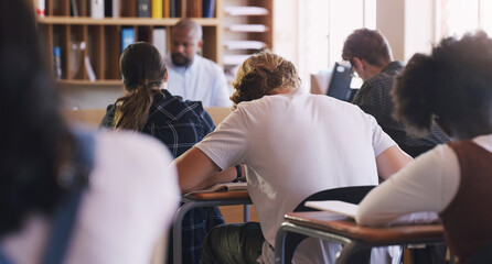 Aufkleber - Students, test and exam with writing, study and support for education and knowledge. Man, teenager and classroom with learning, teacher and high school development for future growth for question