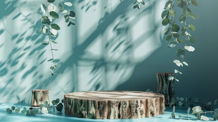 Poster - Empty wooden podium with shadows and eucalyptus leaves. 3D render. Advertising stand design mock up.