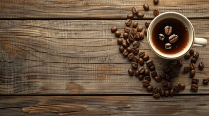 Poster - coffee cup and beans on old wood background selective focus. Top view with copy space for your text