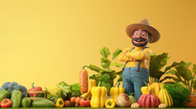 3d Bearded Farmer In Overalls And Straw Hat Standing Next To Garden Vegetables On Isolated Yellow Background With Space For Copy