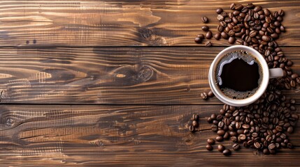 Poster - Coffee cup and beans on wood background selective focus.Top view with copyspace for your text