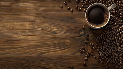 Poster - Coffee cup and beans on wood background selective focus.Top view with copyspace for your text
