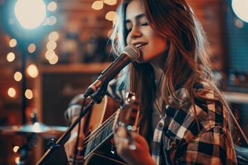 young beautiful teenager playing the guitar and singing