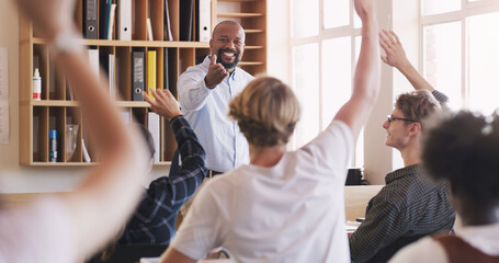Poster - Teacher, man and student hands and question in classroom for teaching, learning and education with answer. Happy, male professor and school for lesson, feedback or knowledge for academic test