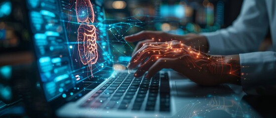 Canvas Print - This close-up shows a young businessman analyzing growth with an informational graph on a laptop computer. This is a concept of accounting technology, finance economy, and stock market research.